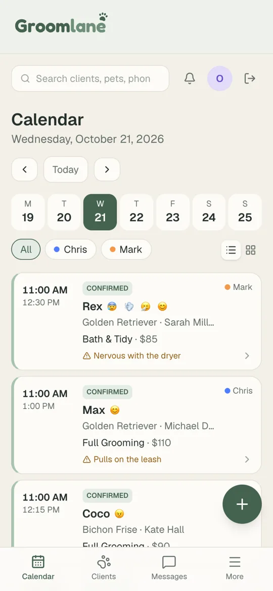 Groomlane calendar on a phone